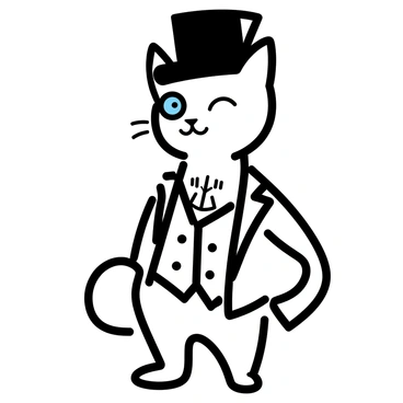 A cat with a sleek fur coat is wearing Victorian-era clothing. It has a black top hat perched on its head, and a shiny monocle over one eye. The outfit includes a tailored jacket with intricate patterns and a waistcoat. The cat is positioned in a dignified manner, with its tail elegantly curled. The tattoo design features bold outlines and minimal shading, emphasizing the cat's expression and attire.
