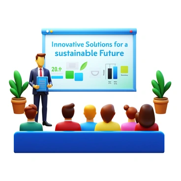 A person standing confidently in front of a captivated audience, delivering a presentation on sustainability. The entrepreneur is dressed in a professional outfit, holding a tablet with a graph showcasing eco-friendly statistics. The audience, consisting of diverse individuals, is seated and engaged, with some taking notes. In the background, a large screen displays the title of the presentation, "Innovative Solutions for a Sustainable Future." The room is well-lit, with plants adorning the corners, emphasizing the theme of environmental consciousness.