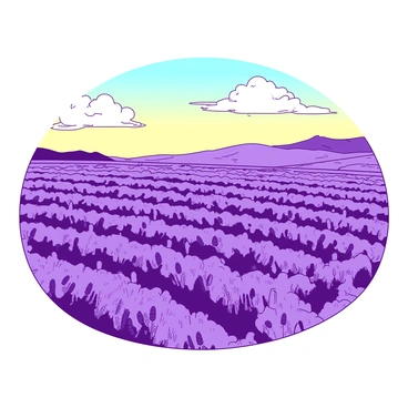 Endless rows of lavender plants are stretching across the landscape towards a distant horizon. The lavender plants are in full bloom, showcasing vibrant purple flowers that are swaying gently in a light breeze. The rows are neatly aligned, creating a mesmerizing pattern on the ground. The sky above is a soft gradient, transitioning from a warm yellow near the horizon to a clear blue overhead. A few fluffy white clouds drift lazily through the sky, adding depth to the scene.