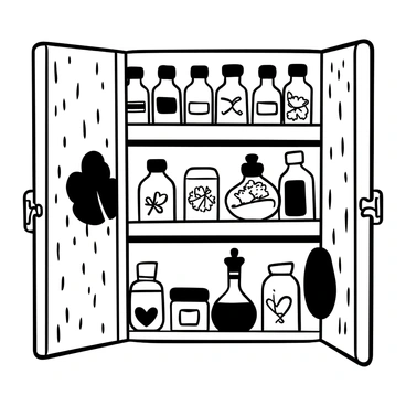 An open spice cabinet with "spice jars" and "bottles" arranged in neat rows. Each jar and bottle has a different shape and size, with "labels" indicating the contents. "Herbs" and "spices" such as "basil," "cumin," and "paprika" are displayed prominently. The cabinet has wooden shelves, and the background features a textured wall. Shadows cast by the jars create interesting patterns on the shelves.