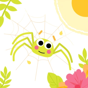 A small, cartoon-style spider with big expressive eyes is skillfully crafting a delicate web. The web is intricately woven with fine strands, shimmering with tiny droplets of morning dew. Sunlight filters through the web, creating a sparkling effect. The background features soft green leaves and colorful flowers, enhancing the cheerful scene.