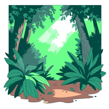 A vibrant scene of sunlight filtering through the thick, green canopy of a tropical forest. The sunlight creates dappled patterns on the forest floor, illuminating patches of rich brown soil and scattered leaves. In the foreground, there are several large, broad-leaved plants with deep green foliage. Tall trees with textured bark rise majestically, their branches intertwined above. Various shades of green are visible in the leaves, and hints of colorful tropical flowers peek through the lush greenery. Soft beams of light shine down, creating a warm and inviting atmosphere.