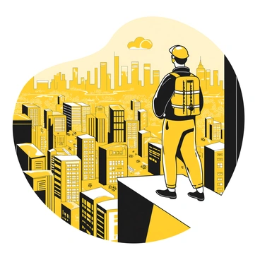 A courier standing confidently on the edge of a skyscraper roof, wearing a yellow helmet and a black backpack. The courier is looking out over a sprawling urban landscape filled with buildings of various heights and designs. Below, streets are bustling with vehicles and pedestrians, while the horizon features distant skyscrapers under a bright sky. The courier's clothing is functional, consisting of a black jacket and pants, suitable for city navigation. A faint city skyline is visible in the background, showcasing the vastness of the urban environment.