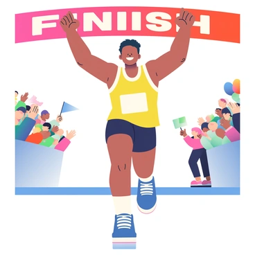 A runner triumphantly crossing the finish line of a marathon, arms raised in celebration
