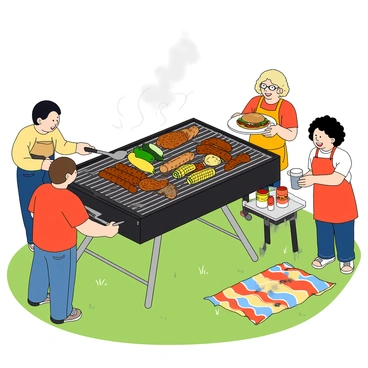 A large barbecue grill with shiny metal grates, filled with sizzling meats like sausages and chicken, along with colorful vegetables such as bell peppers, zucchini, and corn. The grill emits thin wisps of smoke, adding to the scene. Around the grill, a group of four friends is gathered. One friend with short black hair is flipping a burger with a spatula, while another friend with curly blonde hair is holding a plate filled with grilled skewers. A third friend with glasses laughs as they take a sip from a cold drink. The fourth friend, wearing a bright red apron, is arranging condiments on a small table nearby. The atmosphere is lively, with a sunny backdrop and a few picnic blankets on the grass.