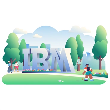 A large outdoor sculpture of the "IBM" logo is prominently displayed in a public park. The sculpture is made of polished metal, reflecting sunlight and surrounded by lush green grass. Nearby, there are several colorful flower beds that enhance the vibrant setting. In the background, tall trees provide shade, and a blue sky with a few fluffy white clouds can be seen overhead. People are walking along a nearby path, and a child is playing on the grass nearby, adding a sense of liveliness to the scene.