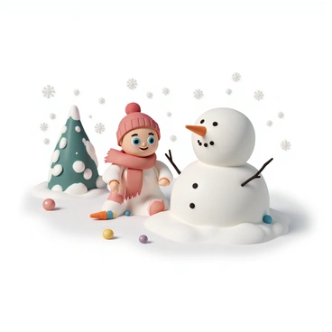 A cheerful ragdoll, with soft blue eyes and a stitched smile, is enthusiastically building a snowman in a snowy winter wonderland. The ragdoll is wearing a cozy red scarf and a matching knitted hat. Snowflakes are gently falling around, blanketing the ground in fluffy white snow. The snowman is taking shape, with a round body made of compact snow and a carrot for a nose. Nearby, pine trees are dusted with snow, and a few colorful ornaments for decoration are scattered in the scene.
