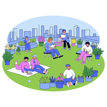 A city rooftop garden filled with various green plants and colorful flowers. Several people are scattered throughout the garden, some sitting on benches, while others are standing and admiring the view. In the background, the skyline of the city is visible, showcasing tall buildings and a clear blue sky. A couple is having a picnic on a blanket, enjoying snacks and drinks. One person is reading a book, while another is tending to the plants.