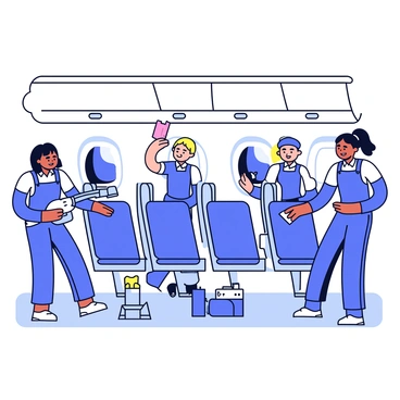 A crew cleaning the interior of an airplane, with seats being vacuumed