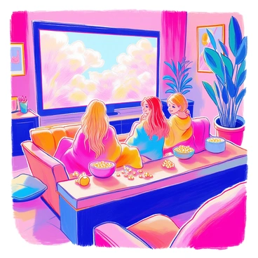 Barbie and her friends are seated on a plush couch in a cozy living room. The room is warmly lit, featuring a large screen displaying a movie. A bowl of buttery popcorn is placed on the coffee table in front of them. Each of the friends is wrapped in colorful blankets, with some laughing and others focused on the screen. There are cushions scattered on the floor, and a few framed pictures are displayed on the walls. A large potted plant adds a touch of greenery to the inviting space.