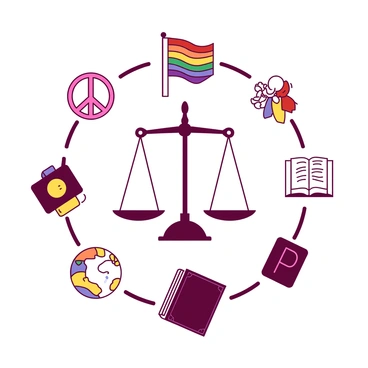 The "scales of justice" are centered in the image, perfectly balanced, with each side holding equal weight. Surrounding the scales, there are various symbols representing a "diverse community." These symbols include a "rainbow flag," a "peace sign," a "book," and a "globe," arranged in a harmonious circle around the scales. Each symbol is distinct and interconnected, emphasizing a theme of unity and equality within diversity. The background is subtle, allowing the scales and community symbols to stand out prominently.
