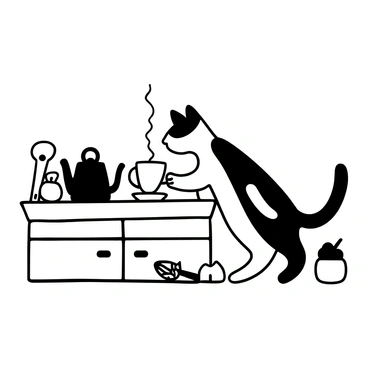 A curious cat sniffing a cup of tea on a kitchen counter