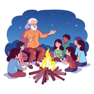 An elder with gray hair and a warm smile is seated on a log, wearing a comfortable, patterned sweater. Surrounding the elder, a group of children, some holding small sticks or marshmallows, are sitting on the ground, their eyes wide with curiosity. The campfire crackles brightly in front of them, casting a warm glow, illuminating their faces. Above them, the night sky is filled with twinkling stars, creating a magical backdrop. The elder gestures animatedly, as if weaving an enchanting story, while the children lean in closer, captivated by the tales of superstition.