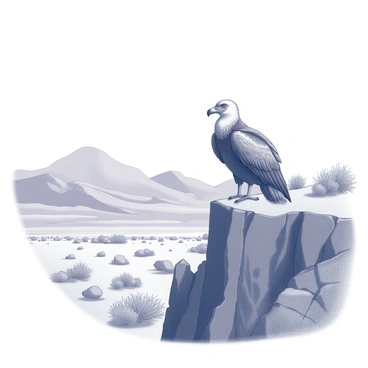 A large condor with its wings slightly spread is perched on a rugged, rocky cliff. The bird displays intricate feather details, emphasizing its majestic size. Below the cliff, a vast landscape unfolds, featuring rolling hills and distant mountain ranges that extend to the horizon. The ground is dotted with various shrubs and rocks, showcasing the natural terrain. The sky above is clear, allowing the condor to survey the scenery with keen observation.