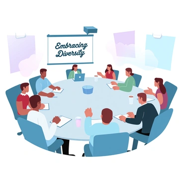 A spacious meeting room filled with several employees seated around a large, oval table. Each employee is engaged in the seminar, with some taking notes on laptops and others holding notepads. On the walls, there are colorful posters highlighting the themes of "Diversity" and "Inclusion." In the center of the table, there are cups of coffee and water bottles. A projector is displaying a presentation slide that includes the title "Embracing Diversity." The atmosphere reflects collaboration and active participation.
