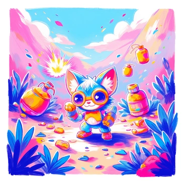 Ziggs, a small yordle with blue fur and a mischievous grin, is positioned at the center of a vibrant battlefield. He is surrounded by various explosive devices, each with distinct colors and shapes, some resembling bouncing bombs and others looking like grenades. Ziggs is wearing his signature goggles and oversized gloves, ready to detonate his gadgets. In the background, there are bursts of color from explosions and smoke, adding to the chaotic atmosphere. Brightly colored shards and debris are scattered around, while vibrant plants and rocks create a lively terrain. The scene captures the energy and excitement of the action.