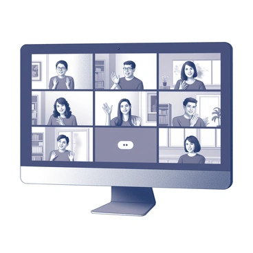 A video call interface displayed on a screen. The interface shows several participants' windows in a grid layout. Each participant is smiling and clapping their hands in front of them. One participant is featured in the center, appearing to be the speaker, with a look of appreciation. The background of each participant consists of their individual home settings, with some featuring bookshelves and plants. The overall mood conveys a virtual meeting atmosphere with engagement and interaction.