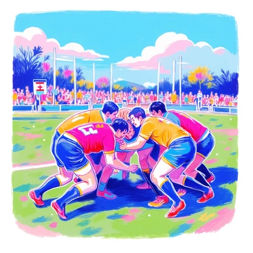 A rugby scrum is taking place on a grassy field. Several players are crouched closely together, their bodies locked in a powerful formation. Each player is wearing a colorful jersey with varying patterns and numbers, showcasing team colors. The players are pushing against one another, their faces displaying determination and focus. The ground is marked with mud and footprints from their earlier movements. In the background, a few spectators can be seen watching the intense match unfold. The sky above is clear with a few clouds scattered, creating a vibrant atmosphere.