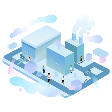 A bird's eye view of a bustling factory with multiple large buildings connected by a network of pathways. The factory has several smoke chimneys that are emitting white smoke into the air. Dotting the landscape are numerous workers dressed in uniforms, moving around with purpose. Various machines and equipment are visible throughout the factory grounds. In the background, there are storage areas with stacked pallets and raw materials. The scene is vibrant and dynamic, showcasing the energy of the industrial environment.