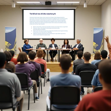 A public forum taking place in a large, well-lit community center. There are rows of folding chairs set up in front of a stage where a panel of three individuals is seated, each with a microphone. The panelists include a middle-aged woman with short brown hair wearing glasses, a young man with curly hair and a blue shirt, and an older gentleman with a gray beard and a suit. In the audience, a diverse group of community members is engaged, some raising their hands to speak, while others listen attentively. Banners displaying the words "Community Voices" and "Open Forum" hang on the walls. A large screen behind the panelists displays key points about the declaratory act being discussed.