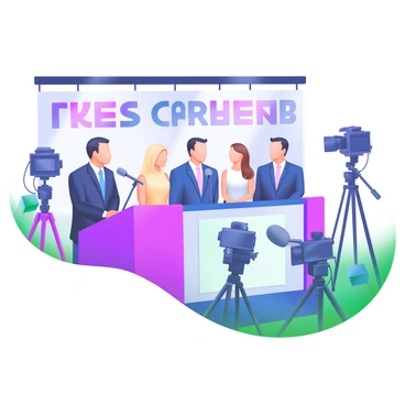 A press conference scene featuring several stakeholders standing at a podium. Each stakeholder is dressed in formal attire, speaking into microphones positioned in front of them. Surrounding the podium, multiple camera crews are capturing the event, with tripods and cameras directed at the speakers. The background includes a large banner displaying the event's title in bold letters. Bright lights illuminate the scene, highlighting the expressions and gestures of the stakeholders as they communicate with the media.