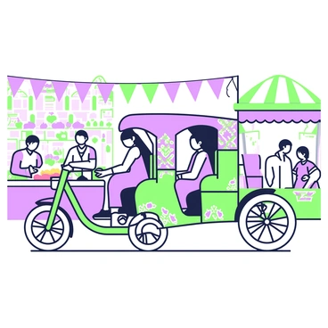 A traditional rickshaw is pulling passengers along a bustling market street. The rickshaw has a distinctive curved roof and colorful decorations, showcasing intricate patterns on its sides. In the back, two passengers are seated comfortably, wearing traditional clothing. The market street is lively, filled with various stalls displaying a range of goods such as fruits, vegetables, and handmade crafts. Vendors are visible engaging with customers, while colorful banners hang overhead, adding to the lively atmosphere. The scene captures the essence of daily life in a vibrant market setting.