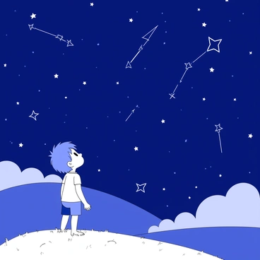 A child is standing on a grassy hilltop, gazing upwards at a starry sky. The child has short hair and is wearing a simple t-shirt and shorts. The sky is filled with numerous stars, forming various constellations that can be clearly identified. Among the stars, several shooting stars streak across the dark expanse, creating trails behind them. The child’s eyes are wide with wonder, and there are a few wispy clouds scattered throughout the sky.