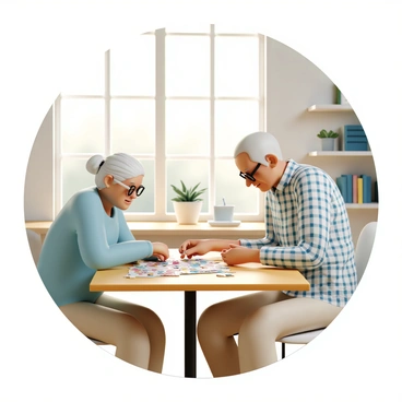 An elderly couple is sitting at a wooden table, working on a colorful jigsaw puzzle. The woman, wearing a light blue sweater and glasses, is placing a piece of the puzzle, while the man, dressed in a checked shirt and beige pants, is holding a piece up, looking thoughtful. Sunlight streams through a large window, illuminating the room and creating a warm atmosphere. In the background, there are shelves filled with books and a few potted plants, adding to the cozy setting.