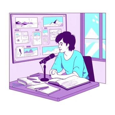An expert illustrator sits at a wooden table with a microphone in front of them, recording a podcast about art techniques. The illustrator has short, dark hair and wears a light blue shirt. Surrounding them are a variety of sketches pinned to a corkboard behind, showcasing different styles and subjects. On the table, there are several sketchbooks, colored pencils, and a half-finished drawing of a landscape. The room is bright, with natural light streaming in through a window, illuminating the creative atmosphere.
