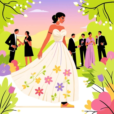 A lady wearing a vibrant floral ball gown with a flowing skirt is walking gracefully through a garden party. The gown features an array of colorful flowers in various shades of pink, yellow, and green. She has her hair styled elegantly and is wearing delicate pearl earrings. The garden is filled with blooming flowers in various colors and lush green foliage. Fairy lights are twinkling above, casting a warm glow over the setting. Guests in elegant attire are mingling and enjoying refreshments in the background. The sky is transitioning to a beautiful dusk, with shades of orange and purple.
