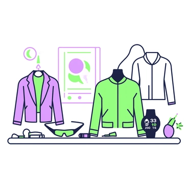 A futuristic laboratory setting featuring various wearable technology items made from flexible conductive materials. In the center, there is a smartwatch with a transparent display showing data and notifications. To the left, a pair of smart glasses rests on a sleek table, with thin, flexible wires connecting them. A lightweight, form-fitting jacket hangs on a mannequin, embedded with sensors. In the background, a wall screen displays a 3D model of conductive material properties, with highlighted areas showing flexibility and conductivity. Several tools and components are scattered on the table, indicating active innovation in wearable technology.