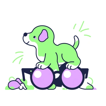 A playful puppy with fluffy fur is attempting to sit on a pair of oversized glasses placed on the ground. The glasses have large circular lenses and thick frames, creating a vivid contrast with the puppy's soft appearance. The puppy's ears are perked up, showcasing its curiosity, while its tail wags energetically. The scene captures the playful struggle as the puppy balances itself on the glasses, with its paws resting on the frame. Sunlight casts soft shadows around the glasses, adding a touch of warmth to the playful moment.