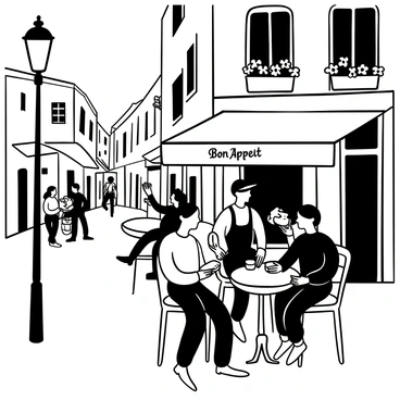A narrow Parisian street lined with charming buildings, featuring a sidewalk café with round tables and metal chairs. Several people are seated at the café, some holding croissants, while others are engaged in conversation. A waiter in an apron carries a tray with coffee cups. Potted plants with flowers are placed on the café's windowsill. Cobblestones cover the street, and vintage lampposts add to the ambiance. The words "Bon Appétit" are displayed prominently on an awning above the café.