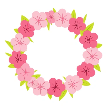 A handcrafted flower crown made entirely of small pink blossoms is displayed on a wooden background. The crown is formed by a series of delicate blossoms tightly woven together with green leaves interspersed among the flowers. Each pink blossom features a soft, velvety texture, and the vibrant shades of pink range from pale blush to deeper rose hues. The leaves are a rich green, providing a striking contrast to the pink flowers, while the circular shape of the crown emphasizes its elegance and charm.