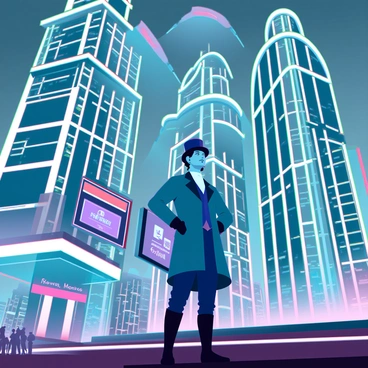 A person from the past, dressed in vintage clothing with a high-collared coat and a top hat, stands in awe at the edge of a sprawling, neon-lit future city. The city skyline is adorned with towering skyscrapers, each illuminated by vibrant neon lights in shades of blue, pink, and green. Hovering vehicles zip through the air above, leaving trails of light behind them. The streets below are bustling with futuristic crowds and digital billboards displaying dynamic advertisements. The person's expression shows a mix of wonder and disbelief as they take in the advanced technology surrounding them, contrasting sharply with their historical attire.