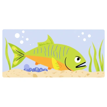 A piranha with sharp teeth and vibrant scales is positioned protectively over a nest of small, bluish eggs nestled in the sandy riverbed. The riverbed features grains of light brown sand, interspersed with pebbles. Bubbles rise from the water above, and gentle ripples distort the view of the piranha. Surrounding the scene are green aquatic plants swaying gently in the current. The piranha's fierce gaze is directed towards any potential threats.