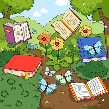 A vibrant enchanted garden filled with various types of flowers, each uniquely shaped like different book covers. The flowers are in an array of colors, including bright reds, blues, yellows, and greens. Scattered throughout the garden are butterflies, their wings constructed from delicate pages of books, displaying printed text and vivid illustrations. The garden is lush with greenery, featuring leafy plants and small bushes that add depth to the scene. Sunlight filters through the leaves, casting playful shadows on the ground. The atmosphere is lively, with the butterflies fluttering gracefully among the flower-shaped book covers.