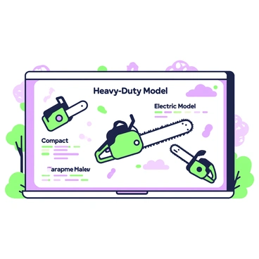 An educational presentation is displayed on a screen, featuring illustrations of various chainsaw models. The center of the screen showcases a detailed illustration of a large chainsaw with an extended blade, labeled with the words "Heavy-Duty Model". To the left, there is an illustration of a compact chainsaw, labeled "Compact Model", with ergonomic features highlighted. On the right, an illustration of a battery-operated chainsaw is shown, labeled "Electric Model", featuring its lightweight design. The background includes subtle outlines of trees, emphasizing the context of chainsaw usage. Each chainsaw illustration is accompanied by bullet-point descriptions, providing key specifications and features.
