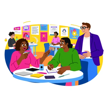 A group of illustrators exchanging ideas and business cards during a networking session at the "Cheltenham Illustration Awards." The scene features several illustrators of diverse backgrounds, each displaying a unique style and vibrant attire. One illustrator, a woman with curly hair, is animatedly discussing her work while holding a stack of colorful business cards. Another illustrator, a man wearing glasses, is leaning in closely, listening intently and taking notes on a small notepad. A table nearby is cluttered with various art supplies and portfolios. The atmosphere is lively, with smiles and enthusiastic gestures as ideas flow between the participants. Bright banners and award displays can be seen in the background, adding to the event's dynamic vibe.