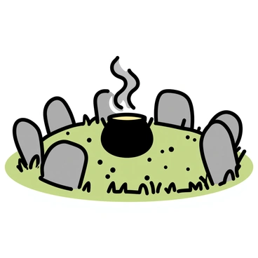 An ancient stone circle, composed of large, weathered stones covered in moss, arranged in a circular formation. At the center of the circle, there is a large black cauldron, with curls of gray smoke rising from its open top. The surrounding grass is lush and green, dotted with small wildflowers. Soft light filters through nearby trees, casting subtle shadows on the stones and the ground.