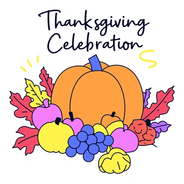 A Thanksgiving invitation featuring a large orange pumpkin at the center. Surrounding the pumpkin is a cornucopia overflowing with colorful fruits and vegetables, including apples, grapes, and squash. Scattered around are vibrant autumn leaves in shades of red, orange, and yellow. The background of the invitation has a subtle texture that complements the autumn theme. At the top, the words "Thanksgiving Celebration" are prominently displayed in a decorative font.