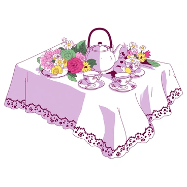 A white lace tablecloth is elegantly spread out, serving as a backdrop for an ornate vintage tea set. The tea set includes a gracefully designed teapot, intricately patterned cups, and saucers, all featuring delicate floral motifs. Surrounding the tea set, there are various colorful flowers arranged artfully, adding a touch of nature to the scene. The gentle play of light casts soft shadows on the tablecloth, highlighting the intricate details of the tea set and the vibrant colors of the flowers.