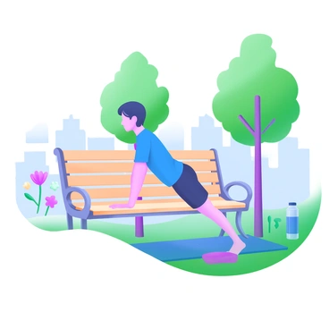 A person wearing a bright blue athletic shirt and black shorts is performing push-ups on a park bench. The bench is made of light wood and is surrounded by green grass and colorful flowers. In the background, there are tall trees with lush green leaves and a clear blue sky. The person has short hair and is focused on their workout, with one foot resting on the ground and the other elevated on the bench. Nearby, a water bottle and a yoga mat are placed on the grass.