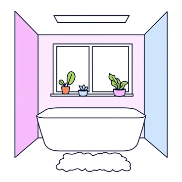 A bathroom with a bright atmosphere. Light streams through a skylight, illuminating the space. In the center of the room is a white bathtub, featuring smooth edges and a rectangular shape. The surrounding walls are painted in soft pastel colors, enhancing the airy feel of the room. Small decorative plants are placed on the windowsill, adding a touch of greenery. A fluffy white bath mat lies on the floor beneath the tub.