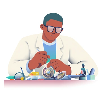 A watchmaker with light brown skin and glasses is focused intently on a small watch mechanism. He is wearing a white lab coat and sitting at a wooden workbench cluttered with tiny tools including screwdrivers and tweezers. The watch mechanism is open, showcasing intricate gears and springs. The watchmaker is using a small screwdriver to apply torque to one of the gears, gently gripping it with his other hand. A magnifying glass is positioned nearby, and there are small containers filled with various watch parts scattered across the bench. The lighting highlights the fine details of the watch mechanism and the watchmaker's concentrated expression.