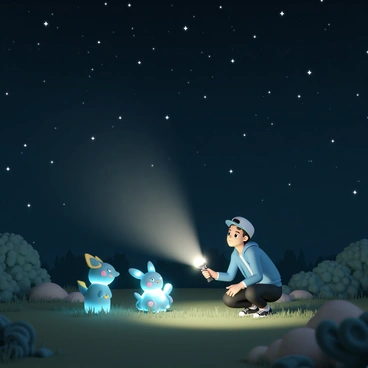 A trainer, wearing a blue jacket and black pants, is crouching on the grass, holding a flashlight in one hand. The beam of light from the flashlight illuminates several glowing wild Pokémon in the scene. The Pokémon are depicted in vibrant colors, showcasing their bioluminescent features. The night sky above is filled with numerous stars, twinkling brightly against the dark backdrop. The trainer's focused expression reflects excitement as they aim to catch a Pokémon, surrounded by lush foliage and the hint of a silhouette of distant trees.