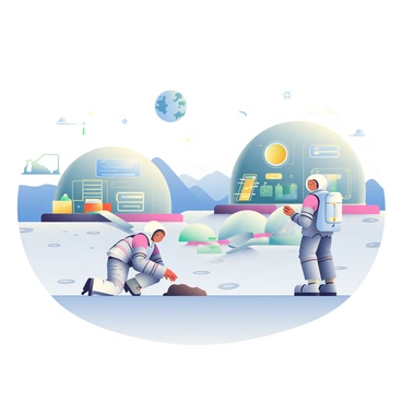 A futuristic colony on the moon features several large, transparent domed habitats that are interconnected by walkways. Each dome is illuminated from within, showcasing various living and research spaces. In the foreground, two astronauts are exploring the lunar surface, wearing advanced space suits that reflect a sleek, silver design. One astronaut is kneeling down to collect a soil sample, while the other stands nearby, pointing towards a distant mountain range in the background. The lunar landscape is dotted with small craters and covered in fine, gray dust, under a starry sky with Earth visible in the distance.