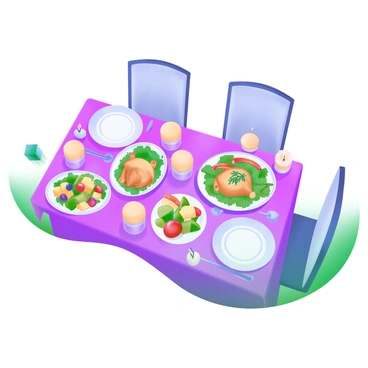 An overhead shot displaying a beautifully arranged dinner table. The table is set with a variety of colorful dishes, including a vibrant salad with fresh vegetables, a roasted chicken garnished with herbs, and a platter of assorted fruits. There are elegant plates and cutlery placed neatly at each setting. Soft lighting highlights the textures of the food, while a decorative tablecloth adds a subtle pattern. Surrounding the centerpieces are small candles flickering softly, creating an inviting atmosphere suitable for photography. The overall composition emphasizes the abundance and aesthetic appeal of the meal.