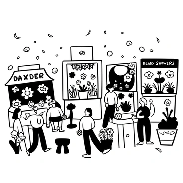 A flower festival scene featuring multiple decorated stalls filled with various "bleeding heart flowers" displayed prominently. Each stall has unique decorations, such as colorful banners and intricate patterns. There are several visitors admiring the flowers, some holding small potted plants, while others are interacting with stall owners. Delicate petals of the "bleeding heart flowers" float gently in the air, and various gardening tools are placed on the tables amidst the flowers. The atmosphere is lively and engaging, highlighting the beauty of the "bleeding heart flowers" throughout the festival.