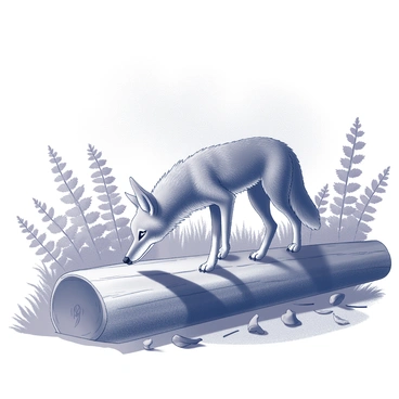 A coyote with a sleek, tapered muzzle and pointed ears is sniffing around a fallen log. The log is partially covered with moss and surrounded by ferns and underbrush typical of a woodland area. Sunlight filters through the tree canopy, casting a dappled light pattern on the forest floor. The coyote's fur shows a mix of textures and it stands attentively, its body slightly crouched as it explores its surroundings. Nearby, a few scattered leaves and twigs complete the scene, contributing to the woodland atmosphere.